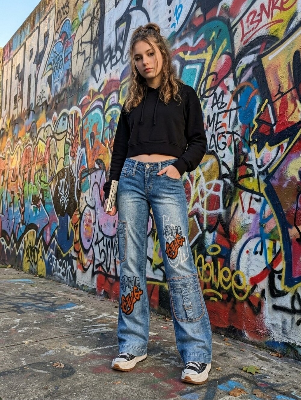 90's low rise distressed faded graffiti gothic letters embroidered flared jeans